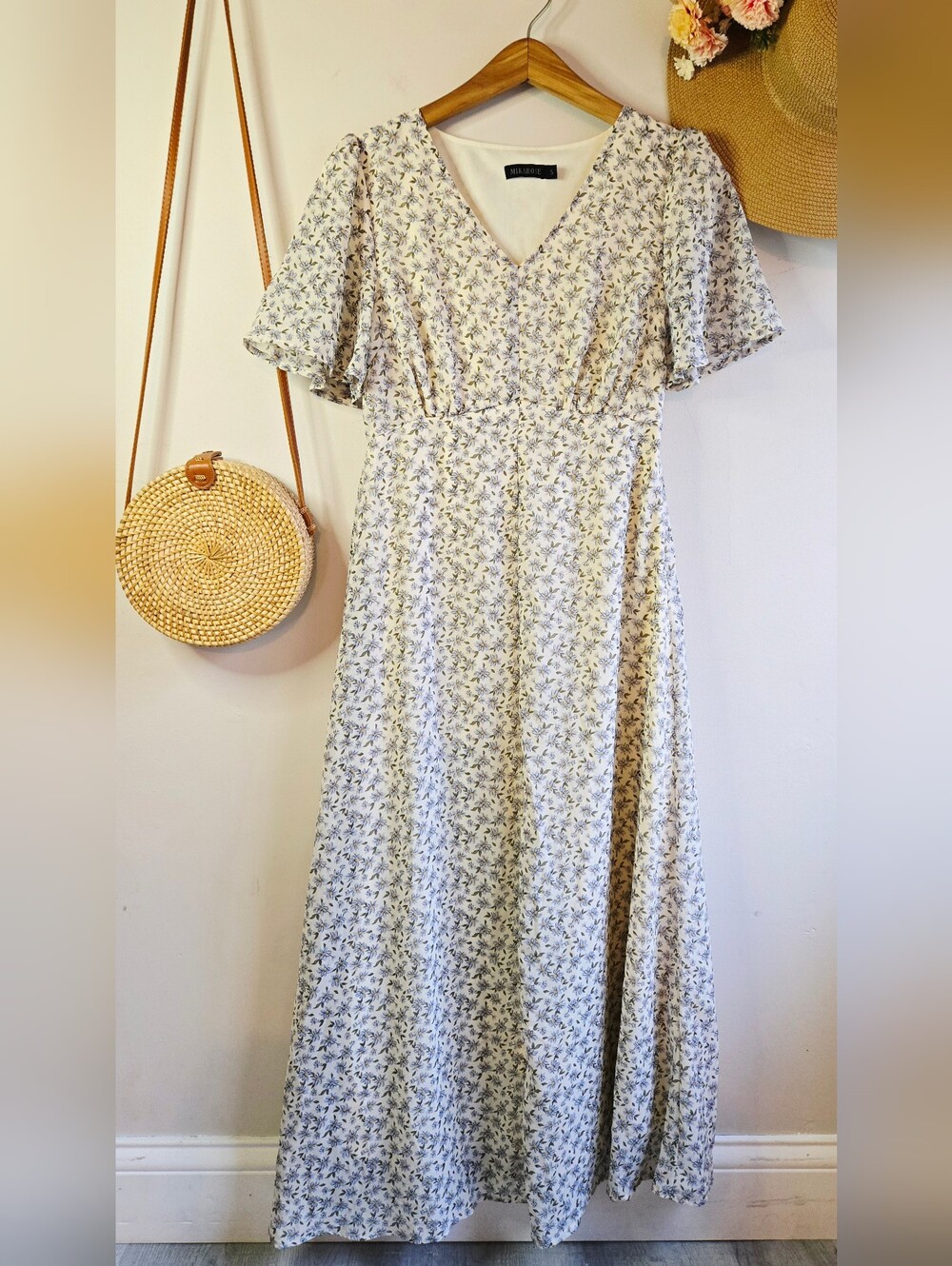 Mikarose Cream Maxi Dress with Blue Floral Print